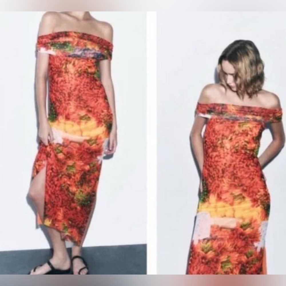 Zara Print Dress with Tulle Size M NWT